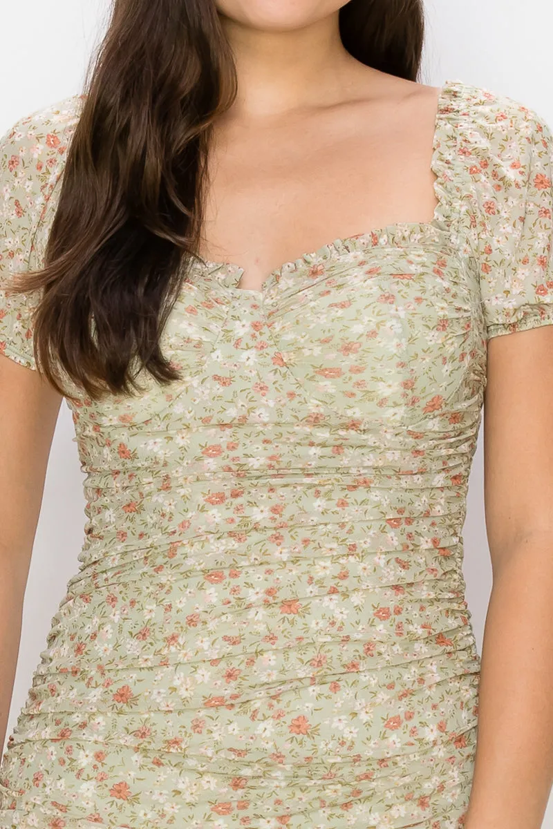 Ruched Floral Ruffled Bodycon Dress - Ships from The US