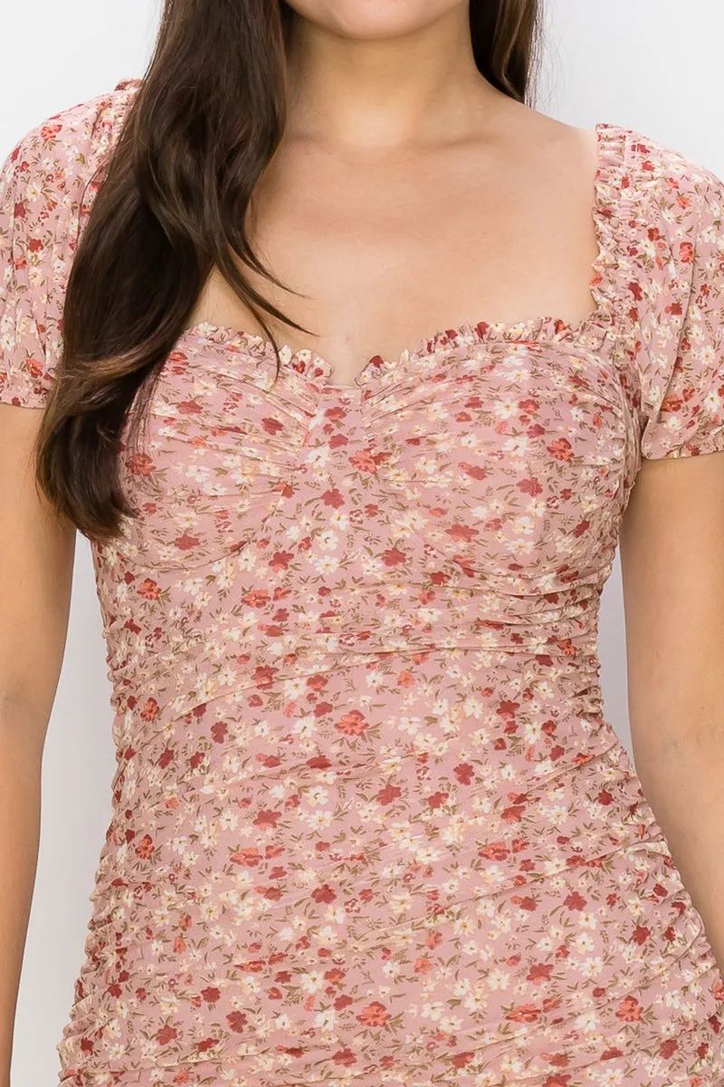 Ruched Floral Ruffled Bodycon Dress - Ships from The US