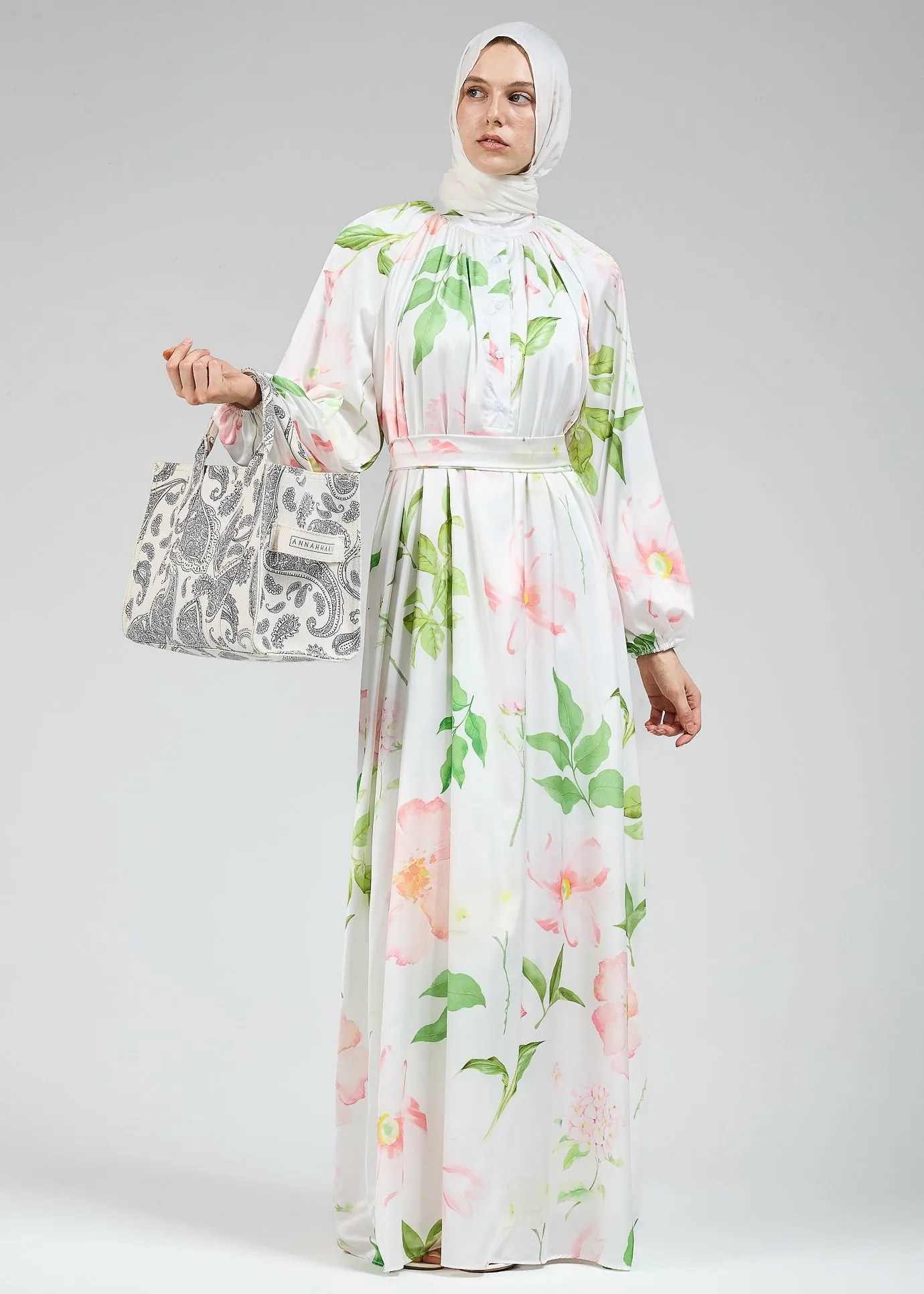Ruqayya Graceful Satin Floral Long Sleeve White Dress with Belt