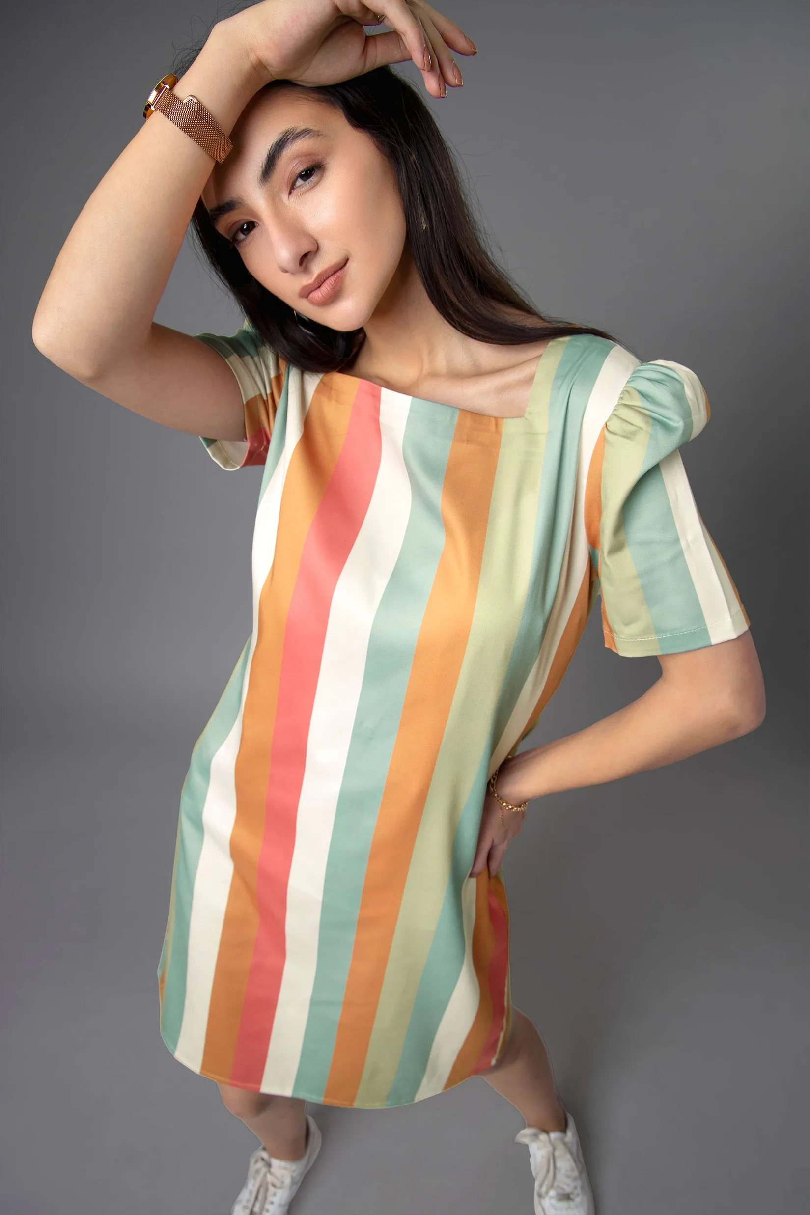 Stripes Square Neck Midi Dress