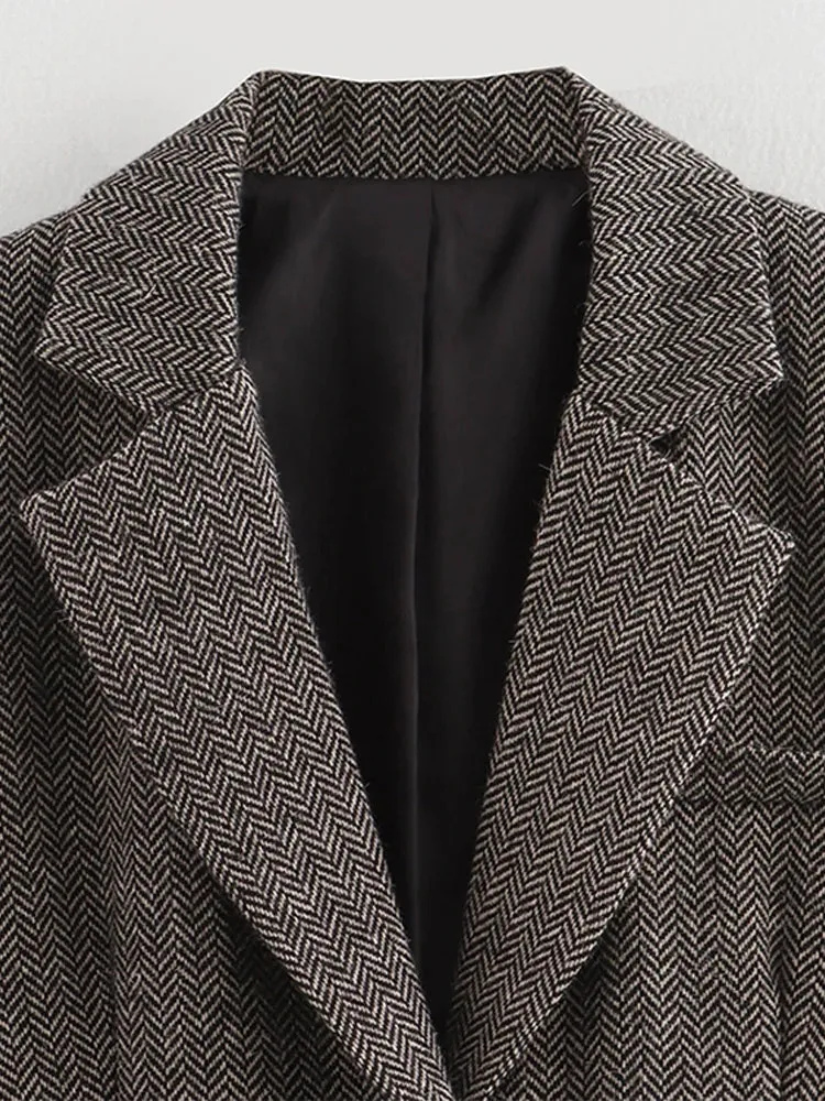 TAVIMART  -  Herringbone Wool Tweed Women Suit Blazer New Single Breasted Lapel Jacket Autumn Winter Formal Fashion Coat Lady Outwears