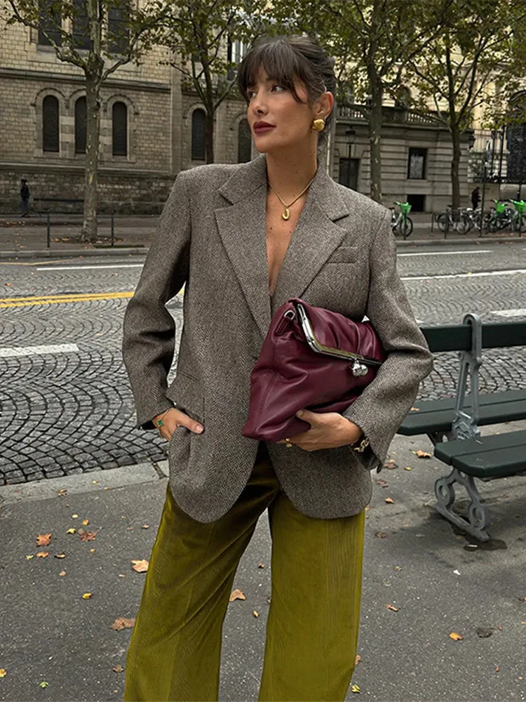 TAVIMART  -  Herringbone Wool Tweed Women Suit Blazer New Single Breasted Lapel Jacket Autumn Winter Formal Fashion Coat Lady Outwears