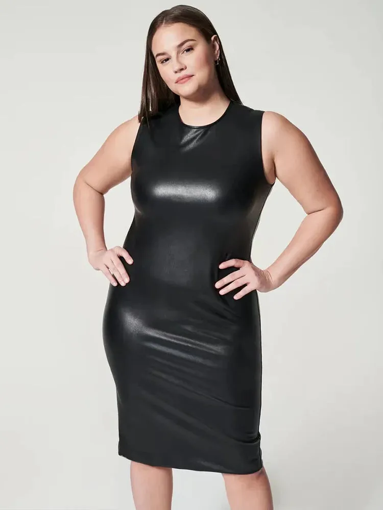 Uniwim Sleeveless Women Plus Size Faux Leather Dress Stretch PU Tank Mid Dress 5XL 6XL Ladies Summer Sexy Bodycon Dress Hem Split 7XL
