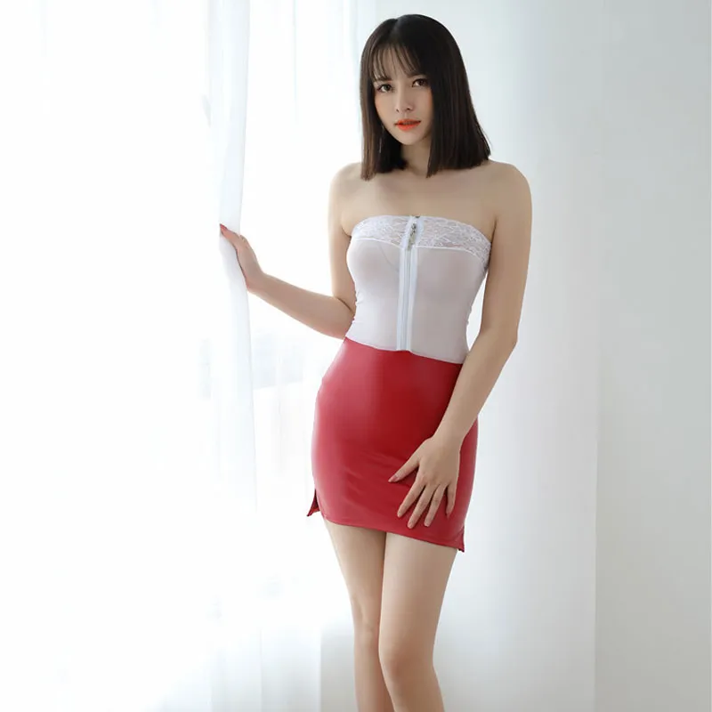 VenusFox Sexy Lace Two Way Zipper Open Strapless Micro Mini Ice Silk See Through Faux Leather Patchwork Sexy Bodycon Dress Sleeveless F20
