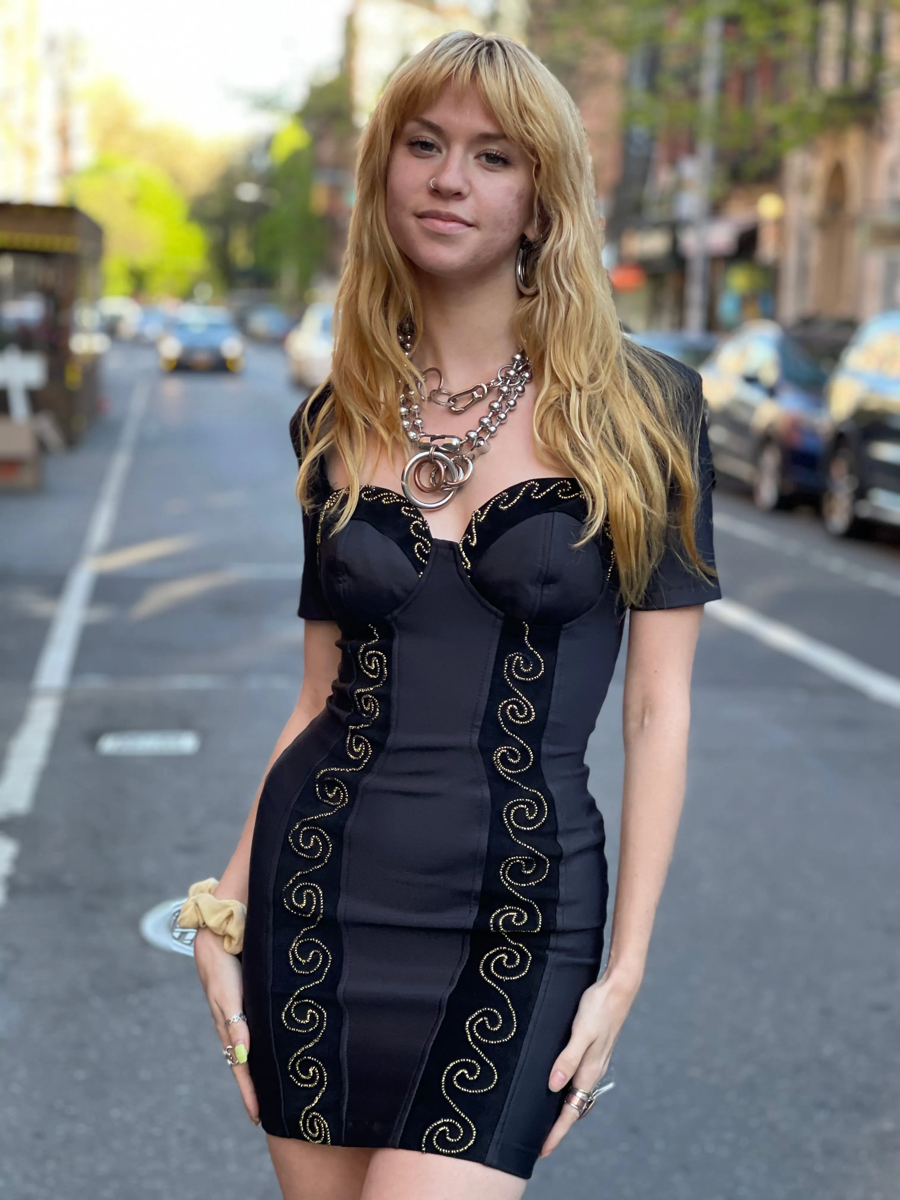Vintage 90s Sexy Bodycon Black and Gold Mini Dress