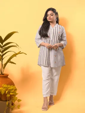 Women Linen Striped Blue Top Set