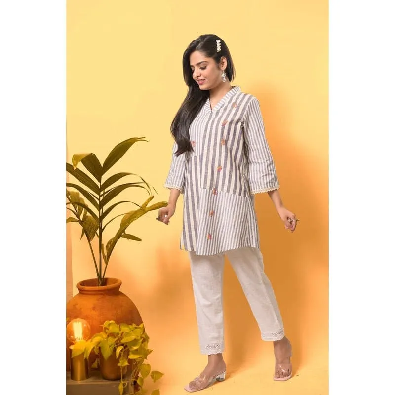 Women Linen Striped Blue Top Set