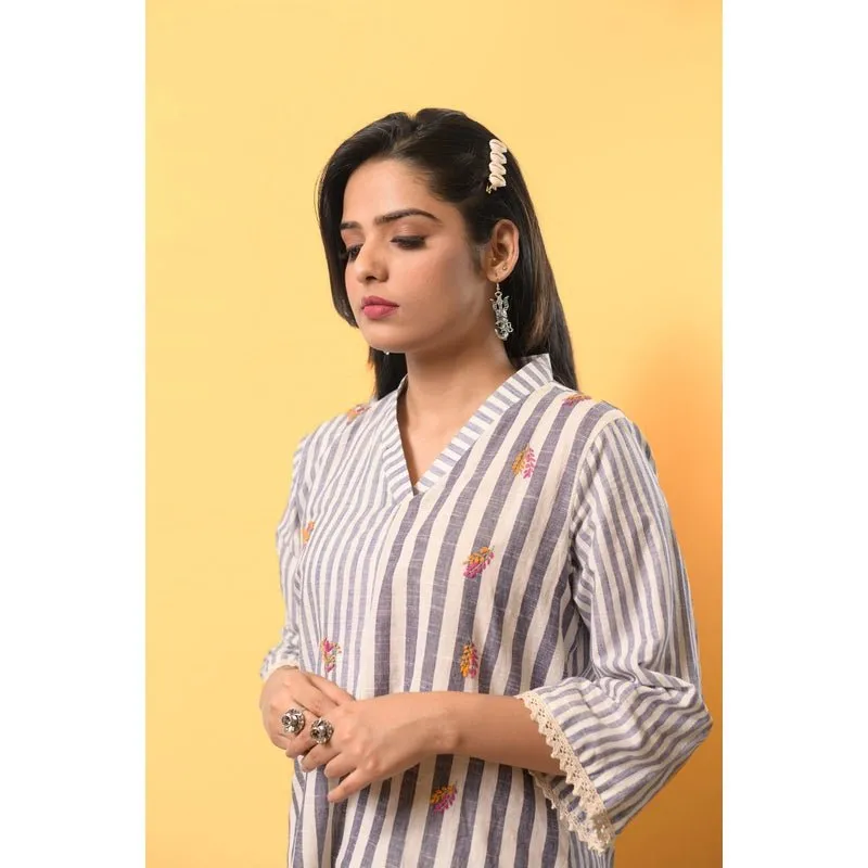 Women Linen Striped Blue Top Set