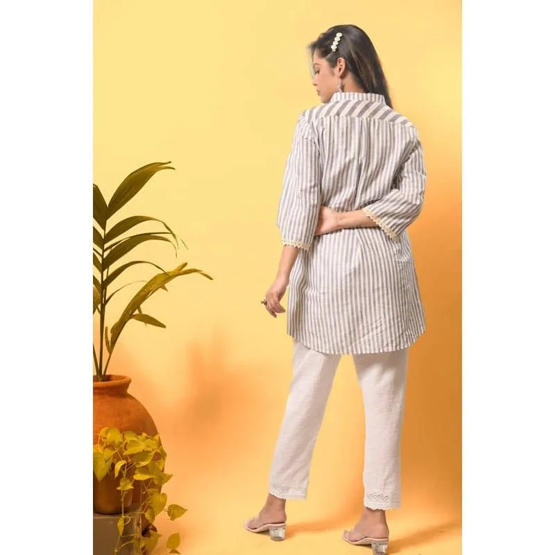 Women Linen Striped Blue Top Set